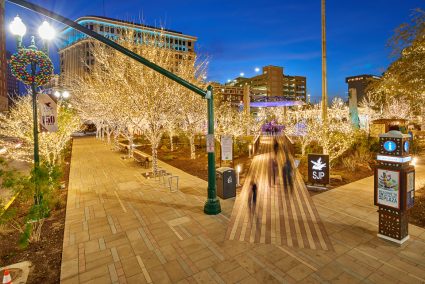 View of Christmas Decorations in San Jacinto Plaza in El Paso, Texas